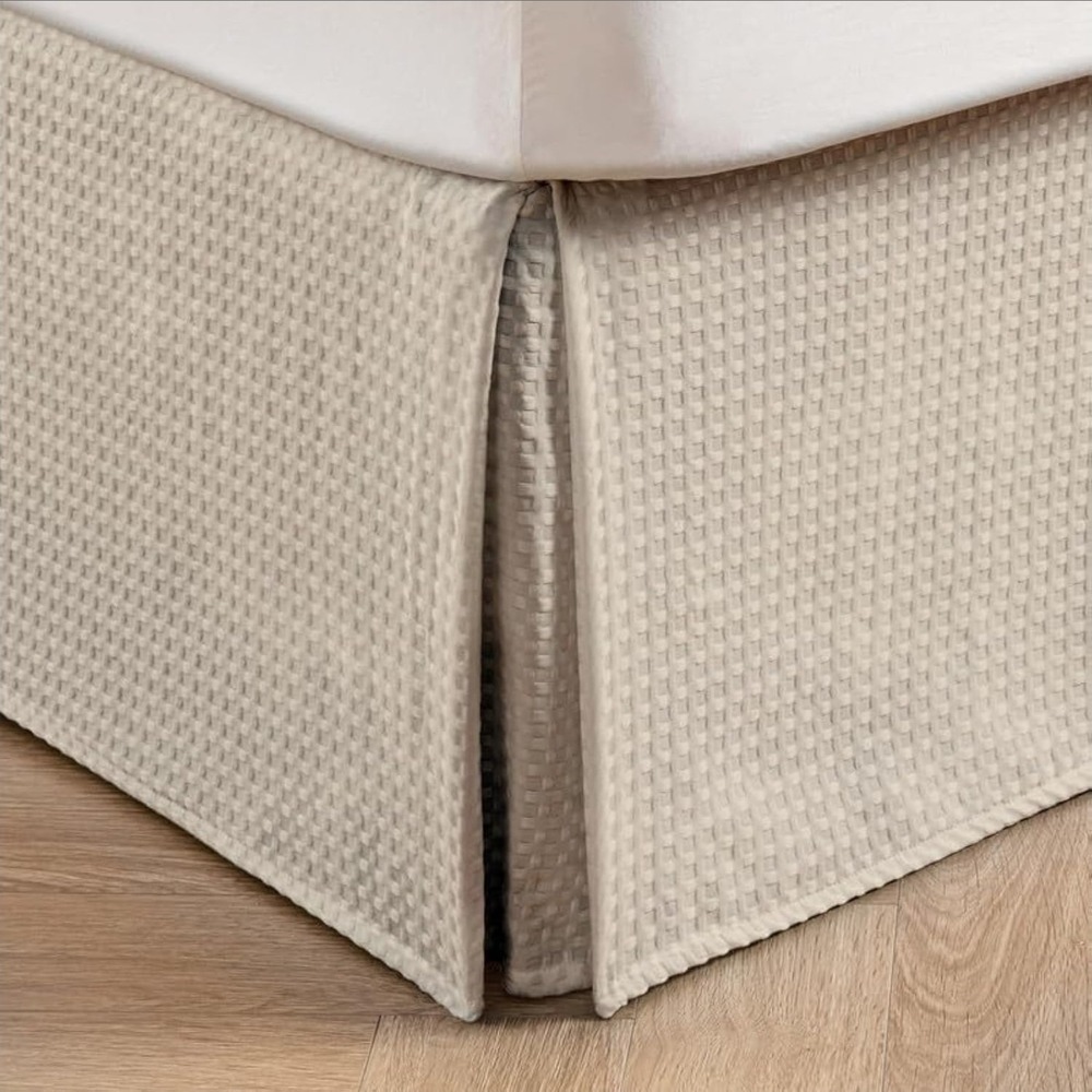 Twin XL Bed Skirt Pleated Waffle Weave Beige 16"‎ Drop Tailored No Split Corners